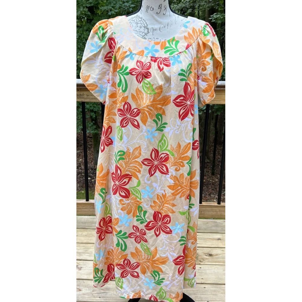 Nui Nalu Womens Hawaii Hawaiian Orange Leaves‎ Beachy Dress Polyester Cotton XL